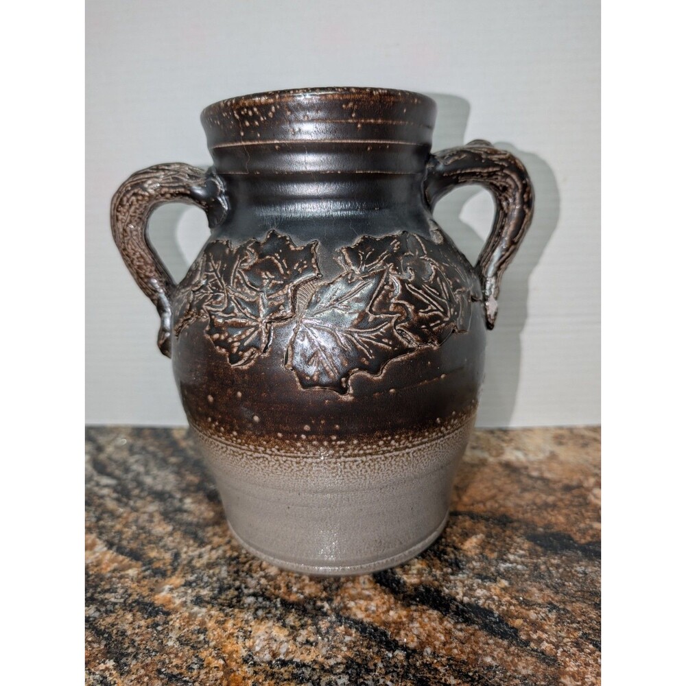 2005 Rowe Pottery Historical Collectable Albany Slip Handled Maple Leaf Crock